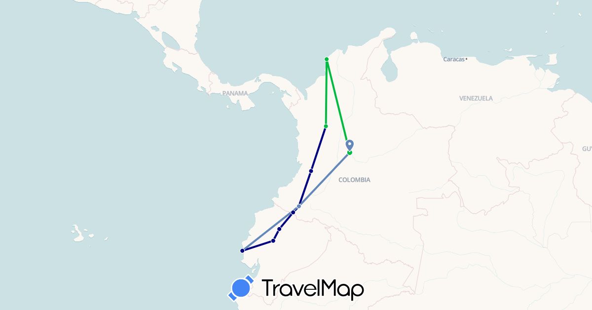 TravelMap itinerary: driving, bus, cycling in Colombia, Ecuador (South America)